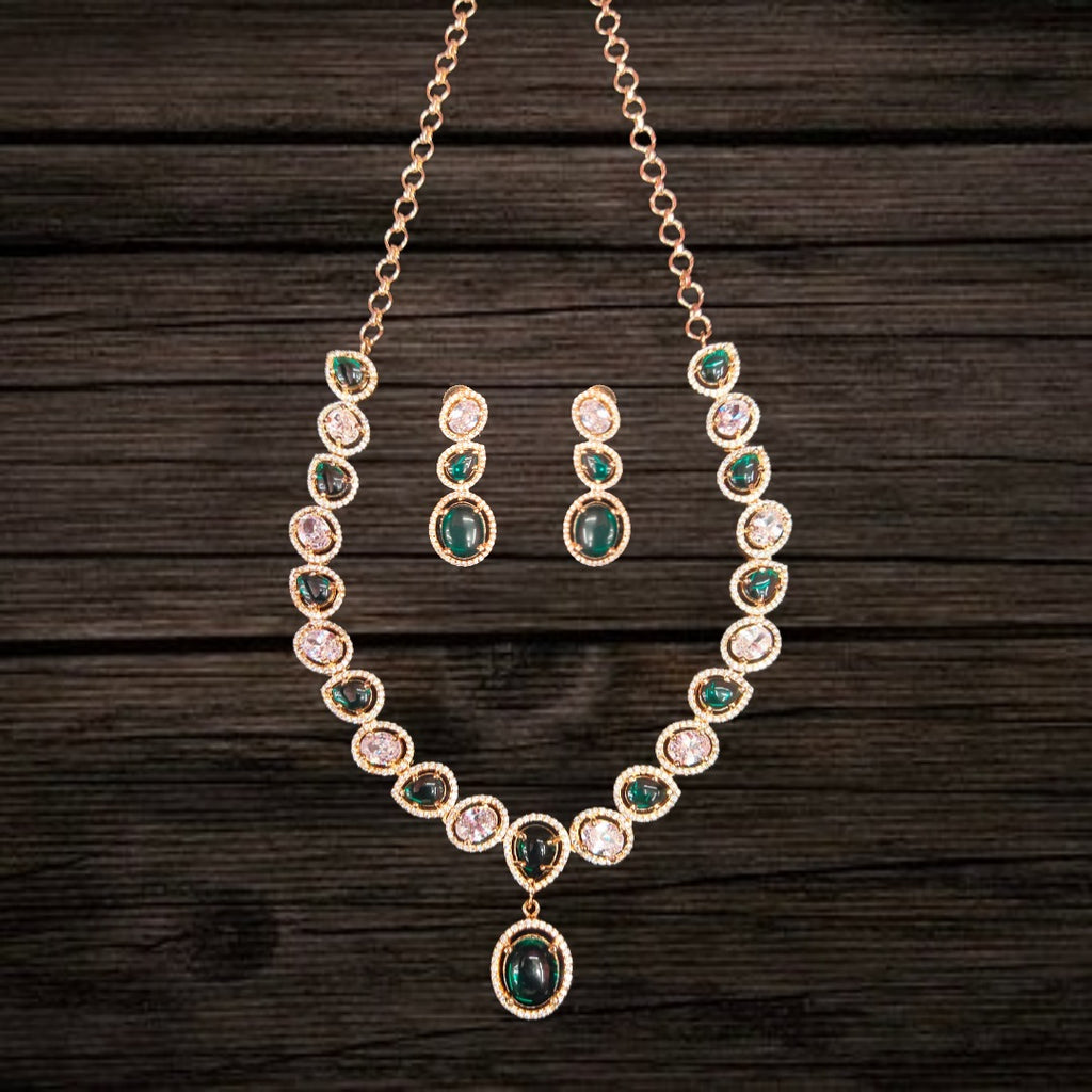 Green American Diamond Necklace Set - Rose Gold Emerald Style Wedding Jewelry