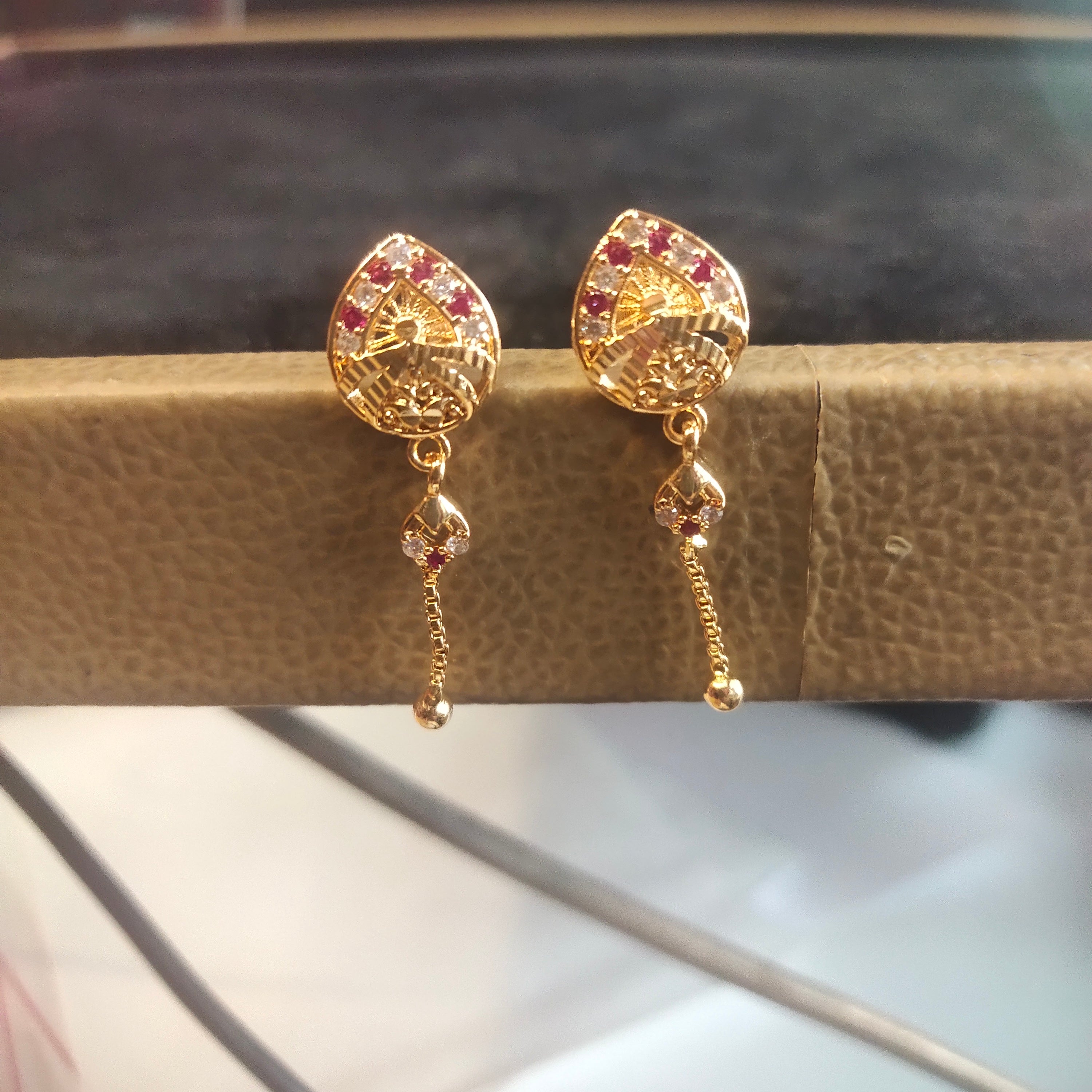 Gold Plated Ruby & White Stone Fan Drop Earrings with Chain Tassel