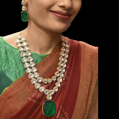 "Dazzle in Double Layers: The Exquisite Asp Fashion Emerald & Kundan Necklace Set"