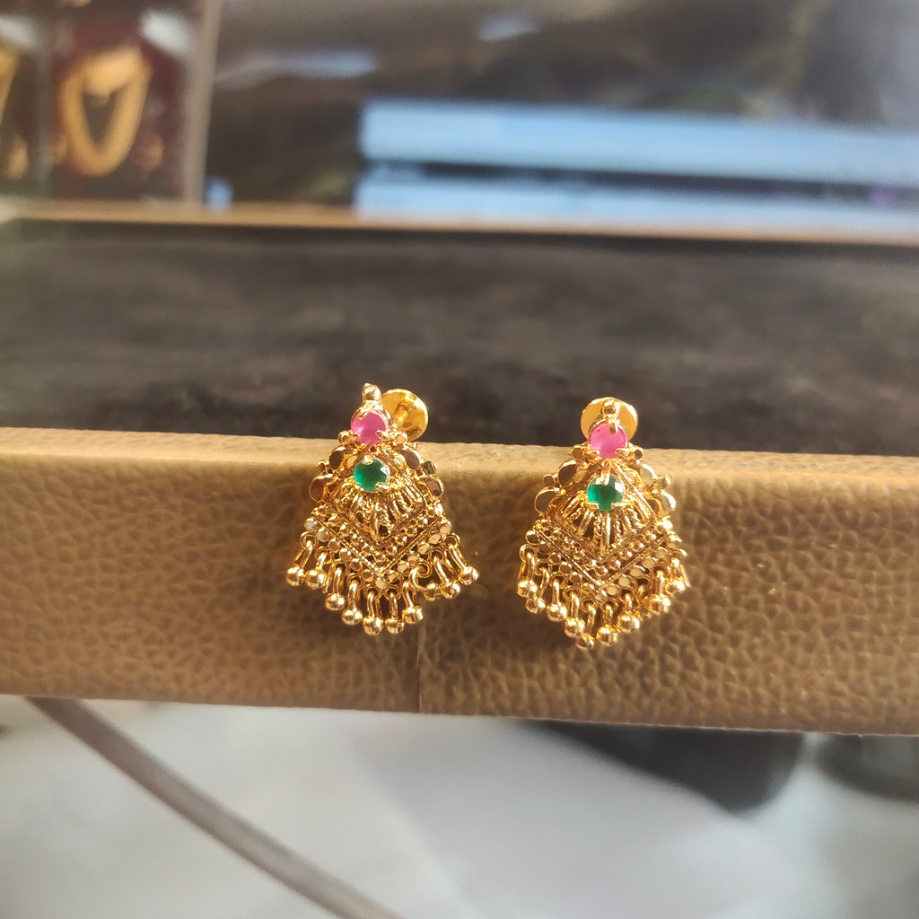 Gold Plated Temple Jhumka Earrings with Pink & Green Stones – Screw Back