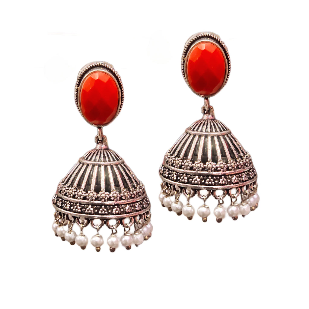 Traditional Oxidized Silver Jhumka - Red Pearl Embellished Earrings