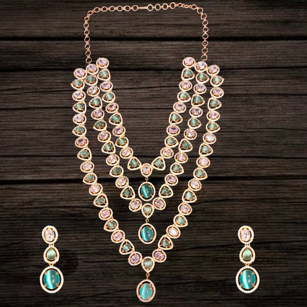 Pastel Green Rose Gold American Diamond Layered Necklace - 24 Inch Wedding Set