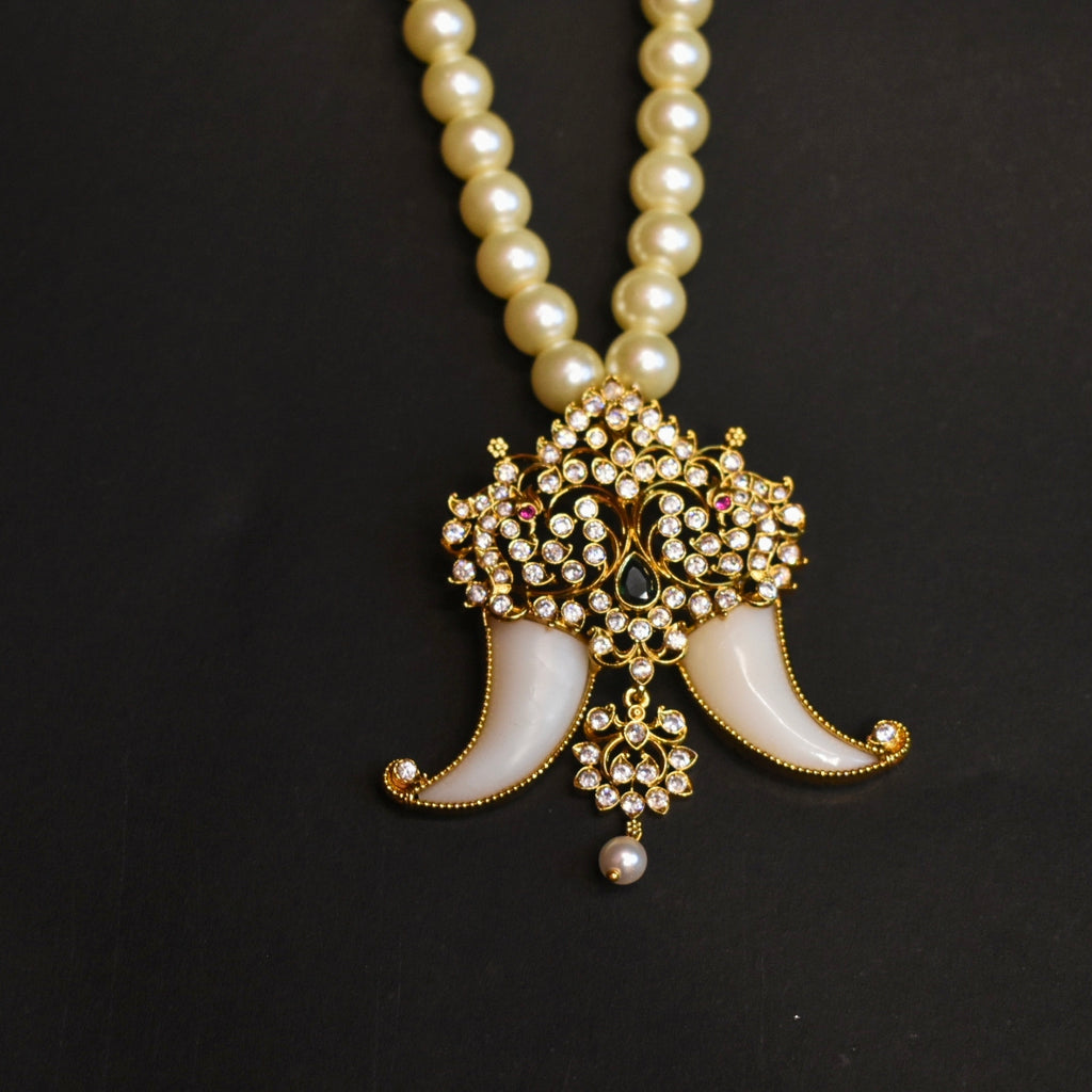 Antique CZ Puligoru Locket with Pearl Chain - Traditional Men's Jewelry