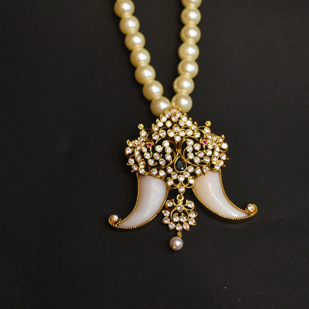 Antique CZ Puligoru Locket with Pearl Chain - Traditional Men's Jewelry