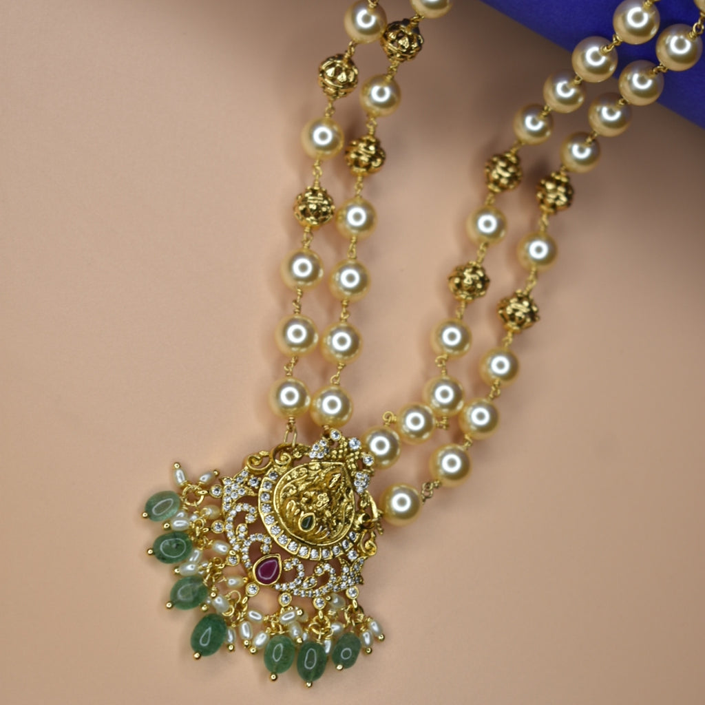 "Dazzling Divinity: Nagas Laxmi Pendant Adorned with Double Layer Pearls"
