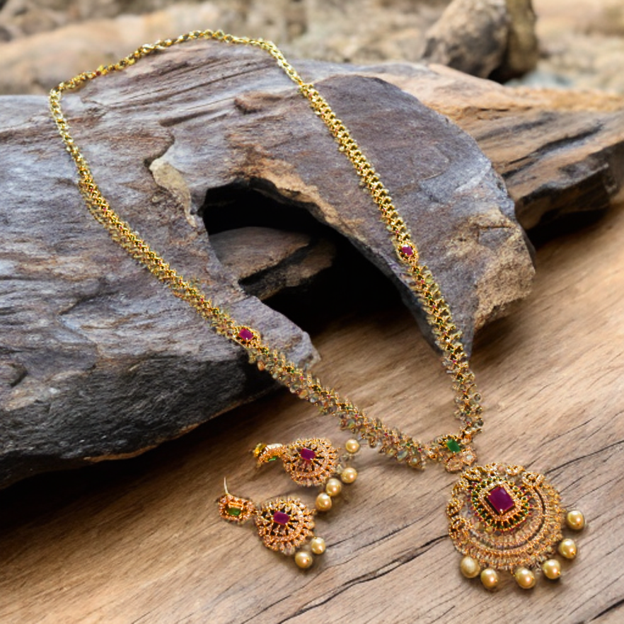 Asp Cz Gold Plated Long Necklace Set