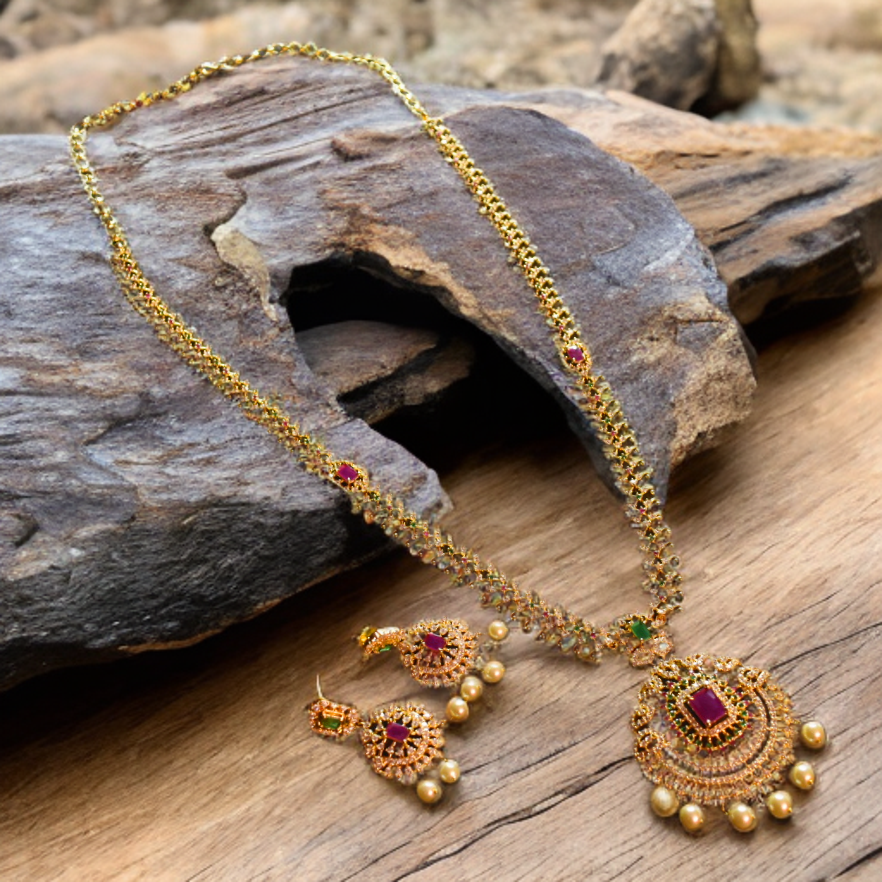 CZ Gold Plated Long Necklace Set - Premium American Diamond Bridal Jewelry