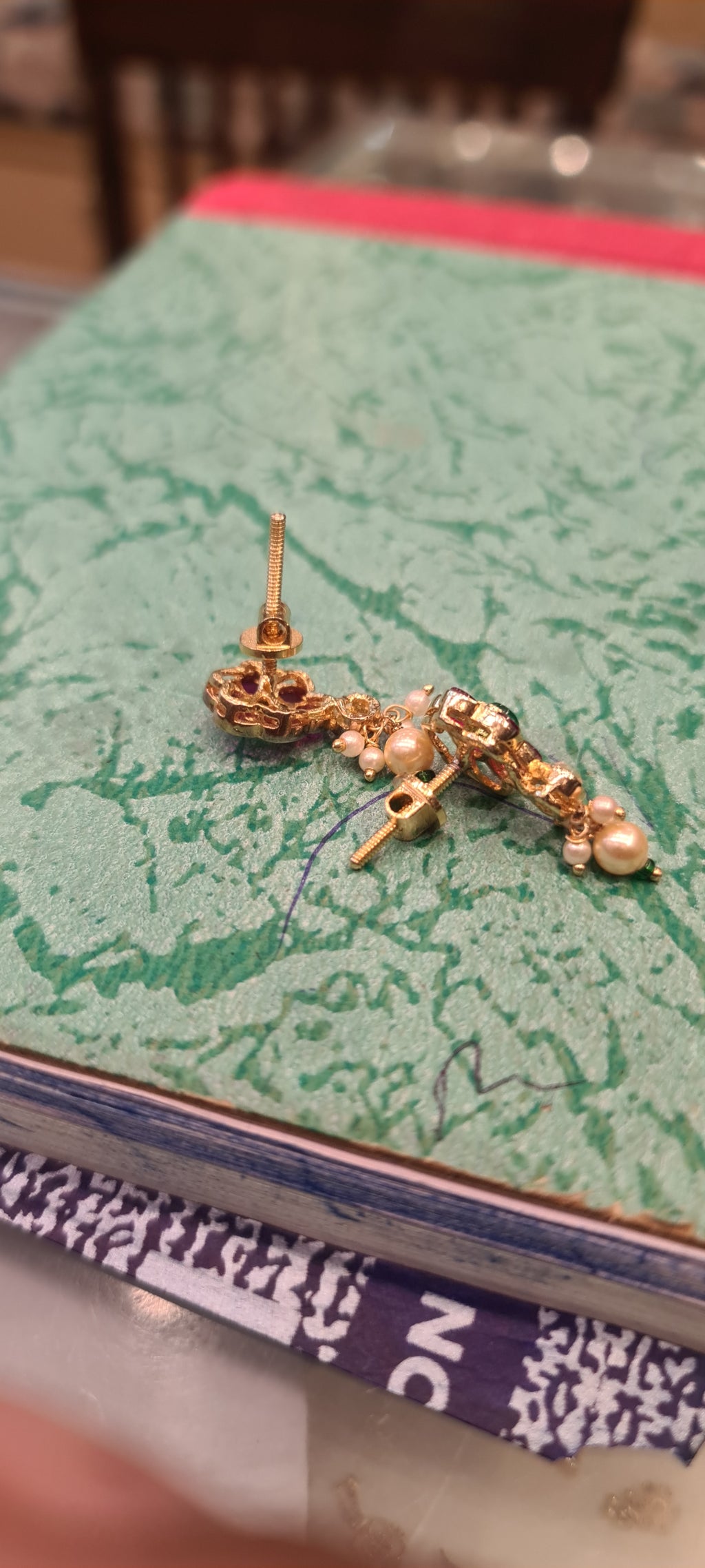 Kempu Polki Flower Stud Earrings with Golden Pearl Drops | 24K Gold Plated