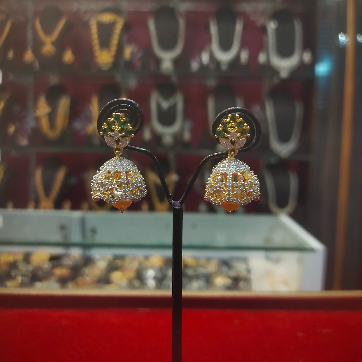 Rhodium-Gold Plated Zircon Diamond Jhumka Earrings