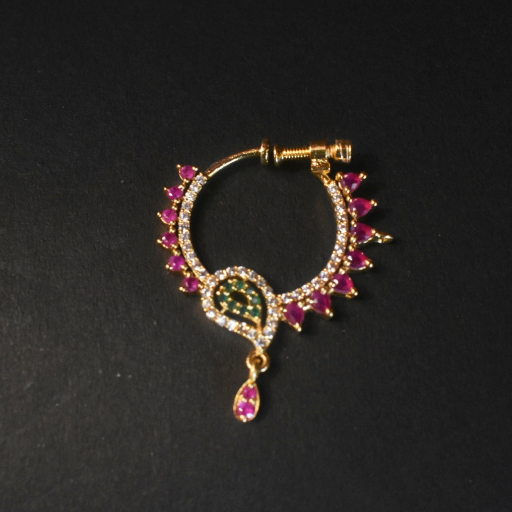 24K Gold Plated South Indian Nath | No Piercing Nose Ring with Zircon Stones