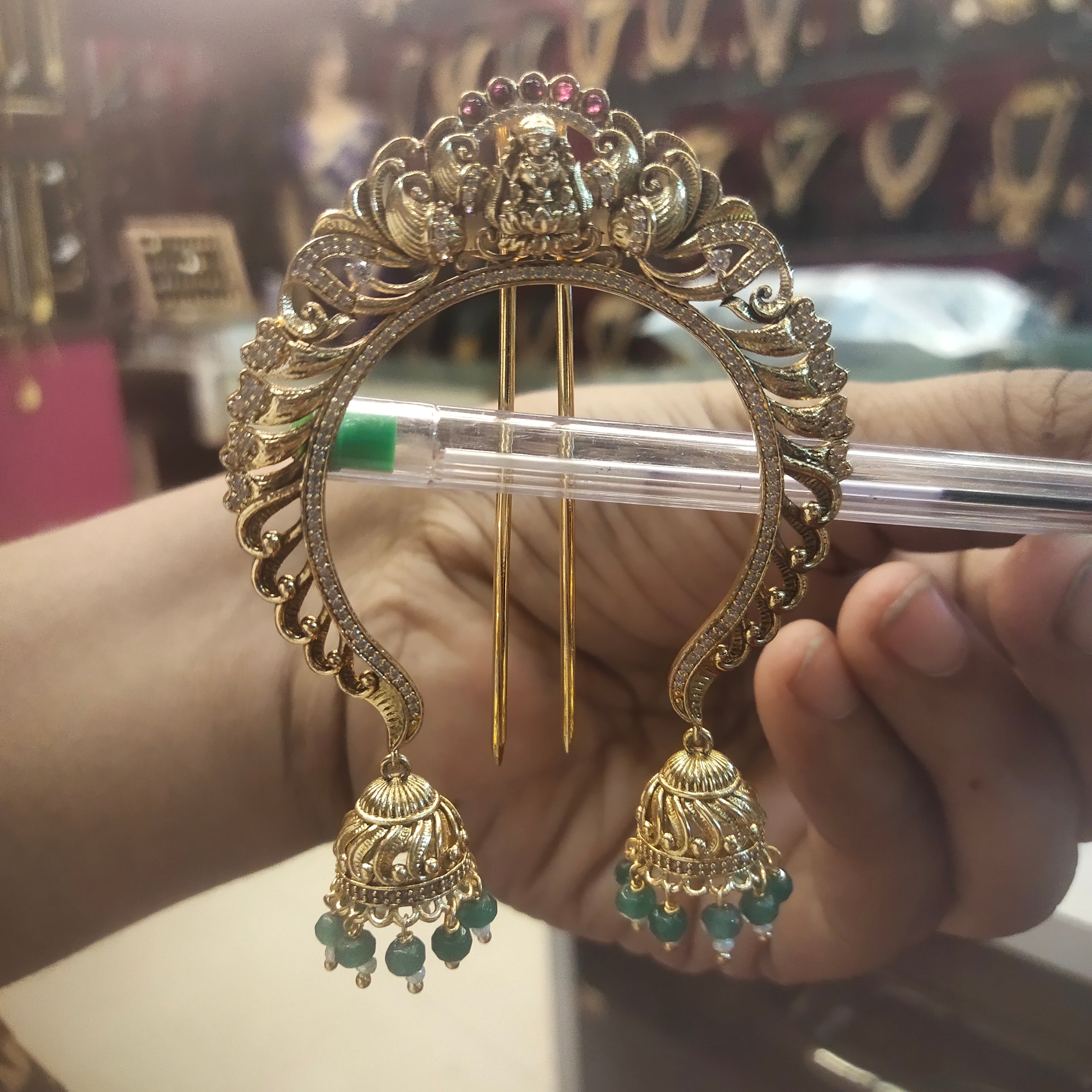 Antique Gold Temple Ambada Juda Pin with Jhumka Danglers & Turquoise Beads