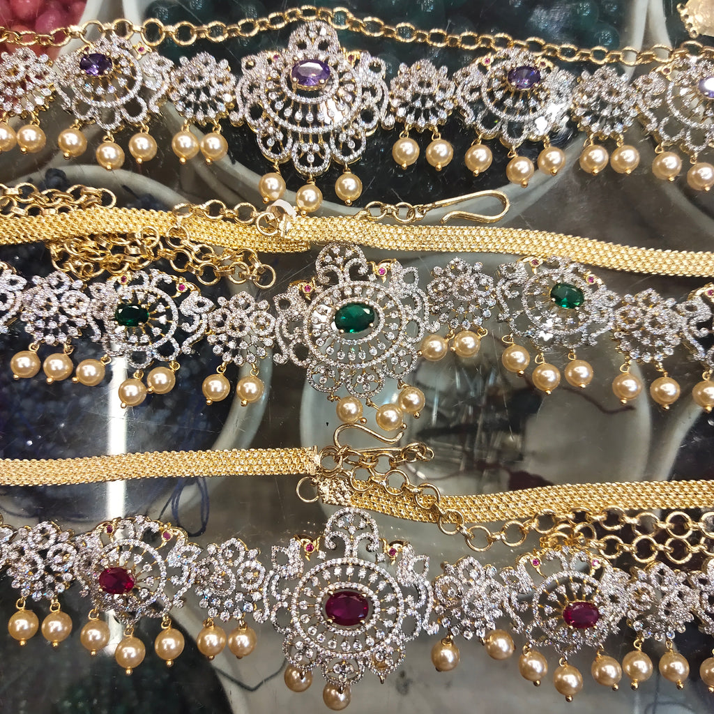 Zircon Rhodium-Gold Double Tone Diamond Look Chain Vaddanam for Bride