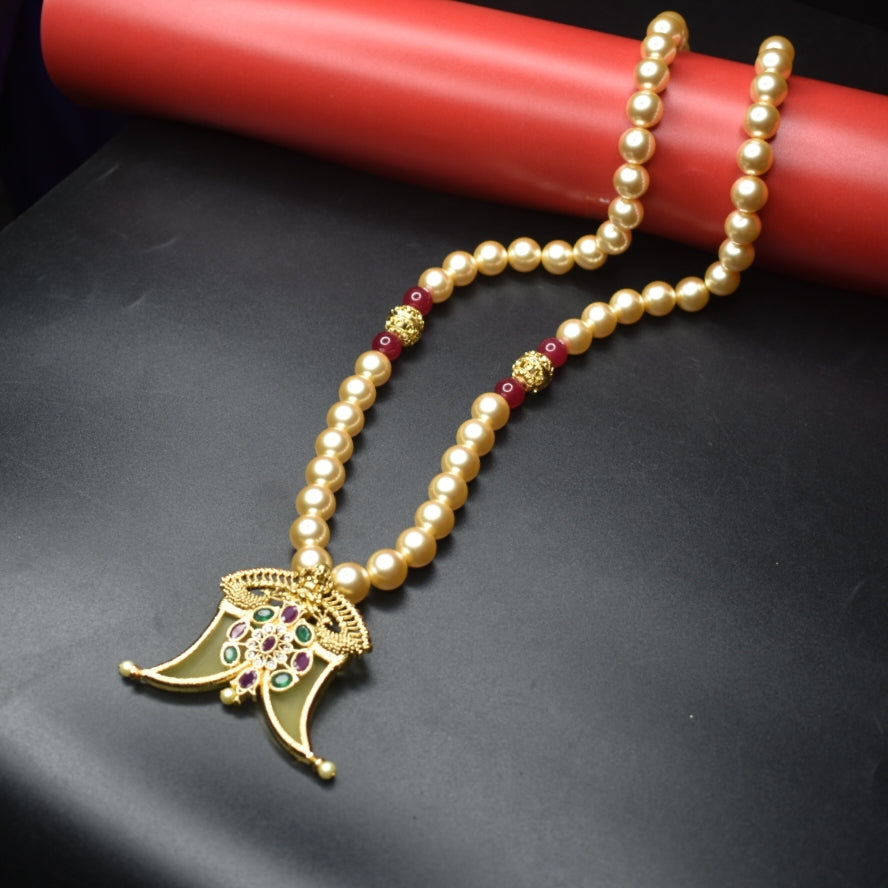 Navratna Puligoru Locket with Pearl Necklace - Luxury Groom Jewelry