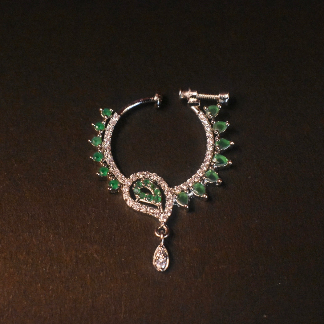 White Rhodium Plated South Indian Nath | No Piercing Nose Ring with Zircon Stones