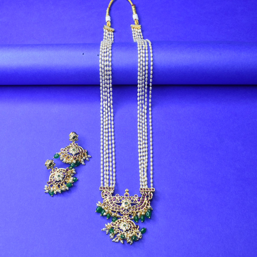 Rice Pearl & Kemp Rani Haar Set | 24K Gold Plated South Indian Necklace with Earrings