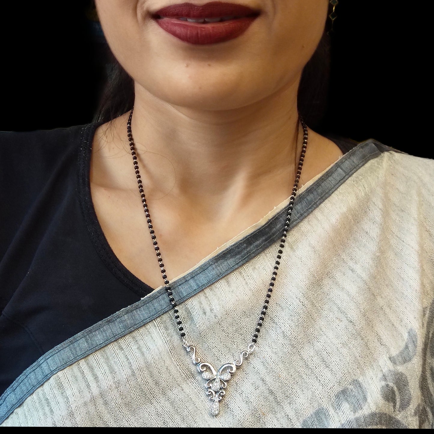 "Timeless Elegance: Sterling Silver Mangalsutra Necklace with Black Beads"