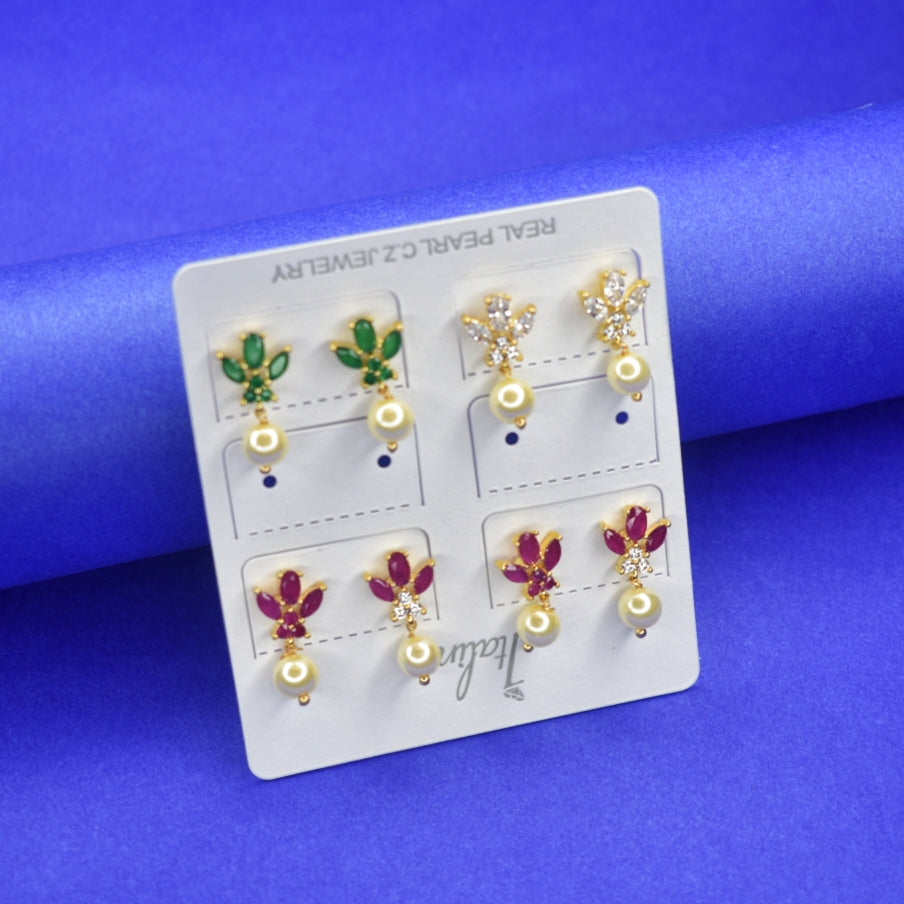 Pearl & Zircon Stud Earrings - 24K Gold Plated Professional Office Wear