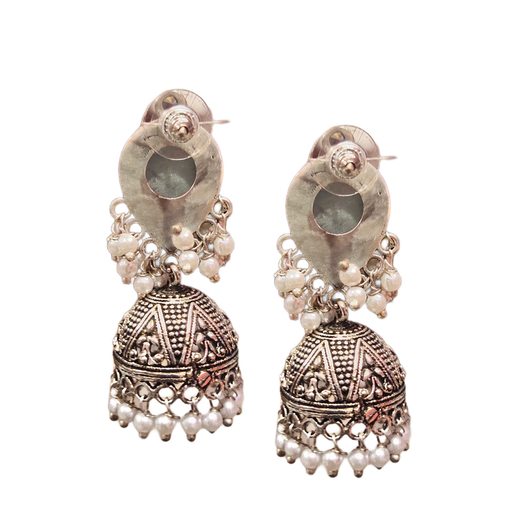 Oxidized Silver Jhumka Earrings with Pink Accents - Traditional Indian Jewelry