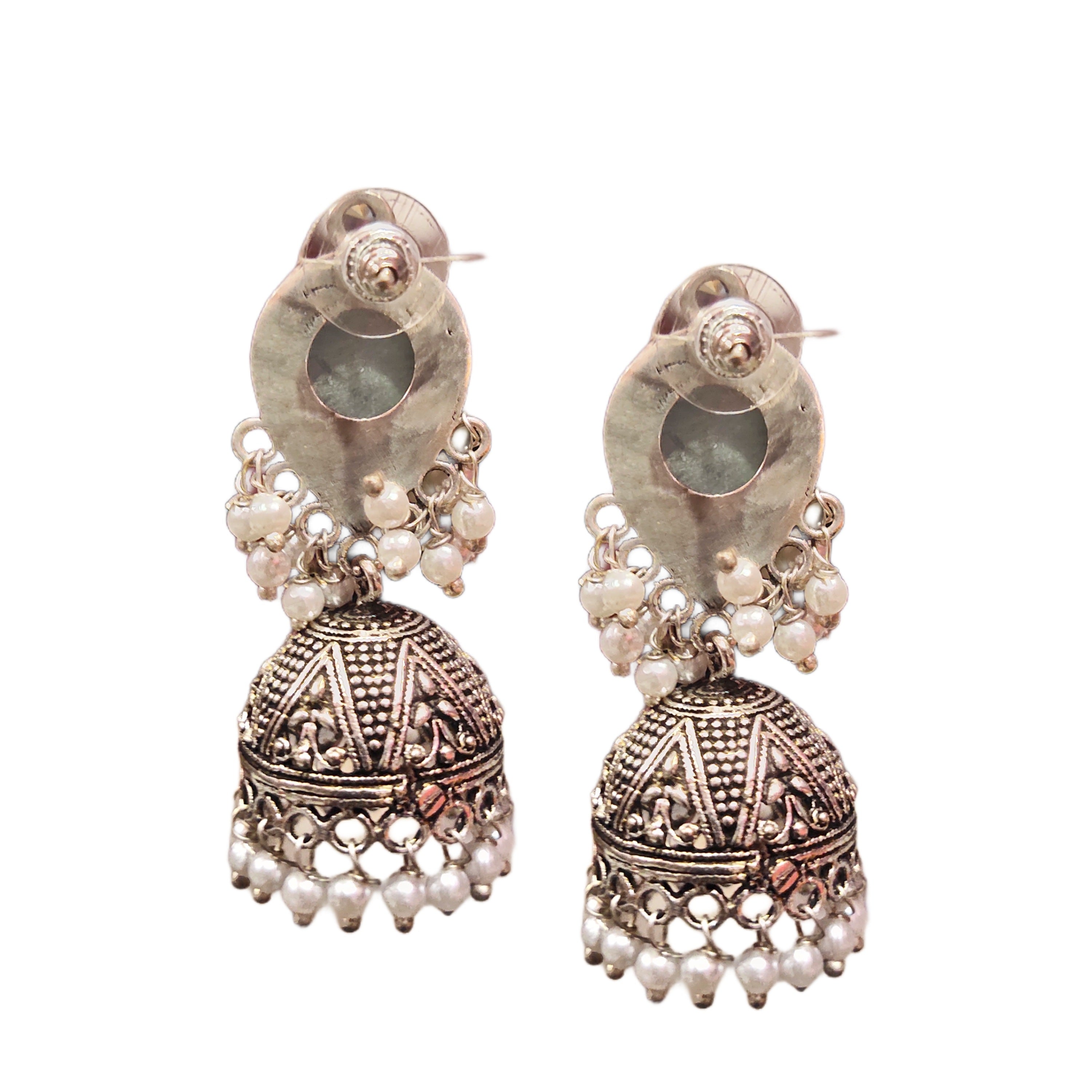 Oxidized Silver Jhumka Earrings with Pink Accents - Traditional Indian Jewelry