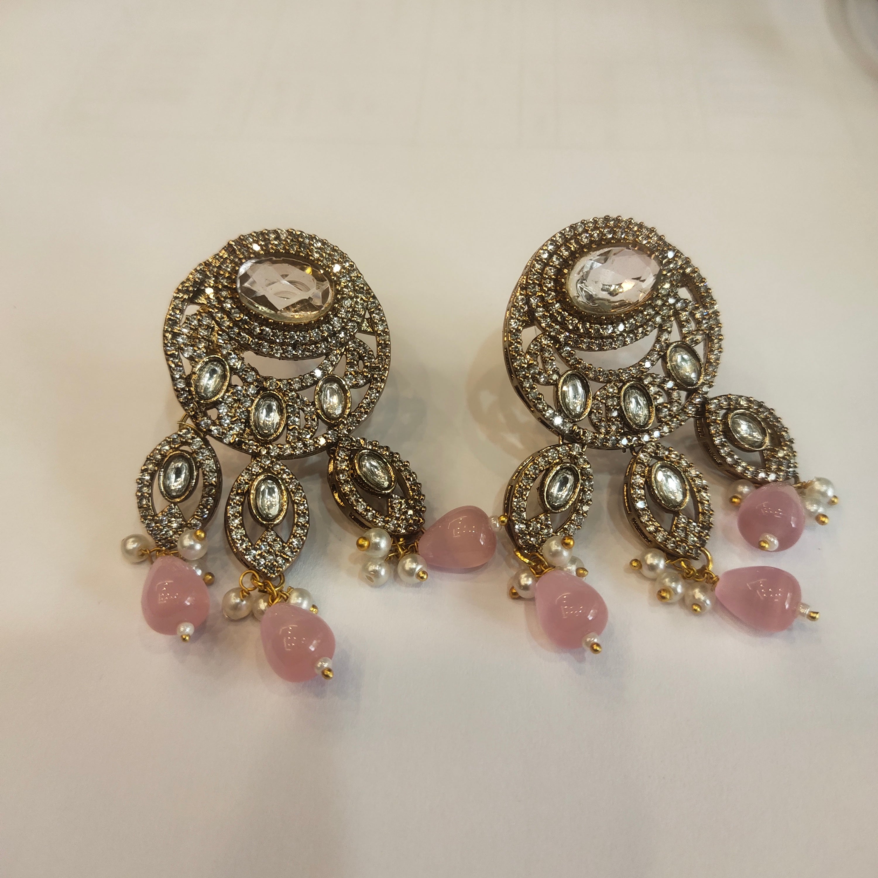 Victorian Pink Zircon Beaded Necklace Set - 24 Inch Long CZ Bridal Jewelry