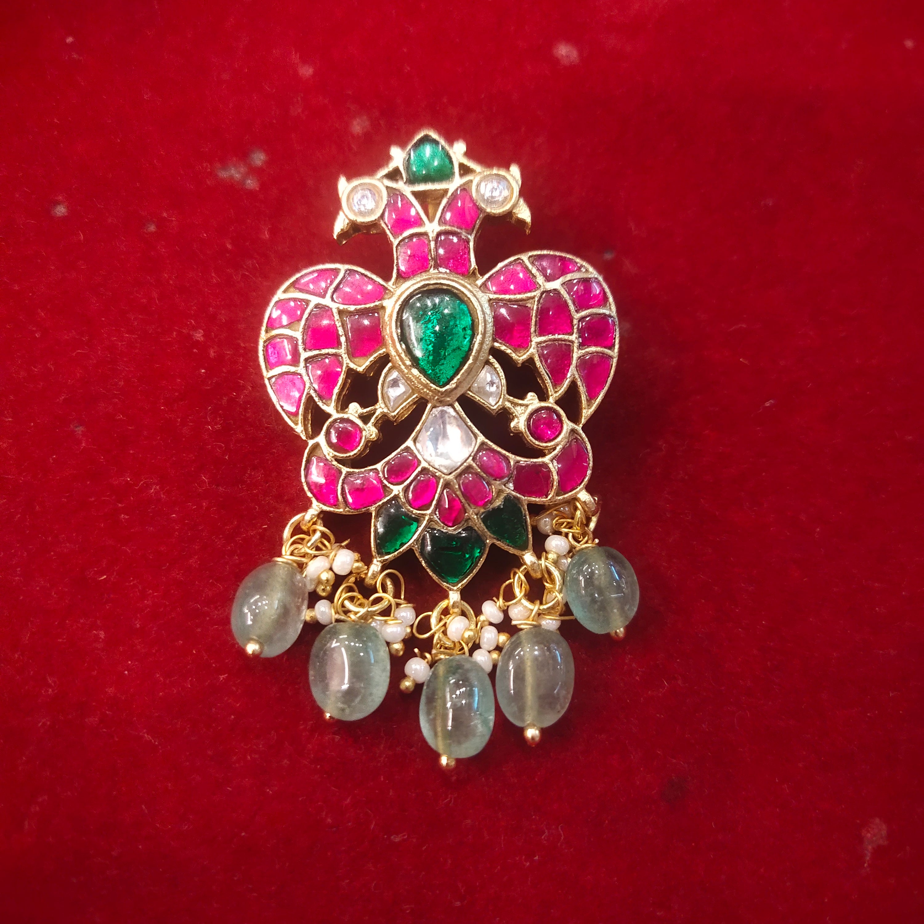 Kundan Peacock Pendant with Moonstone Drops – Ruby, Polki & Emerald Temple Jewellery