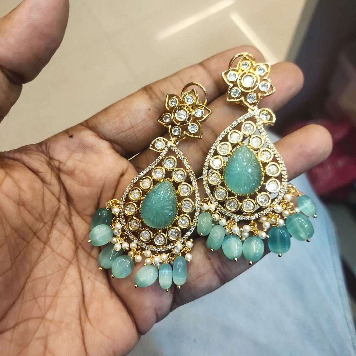 Pastel Green Kundan Mango Necklace - Traditional Indian Jewelry Set