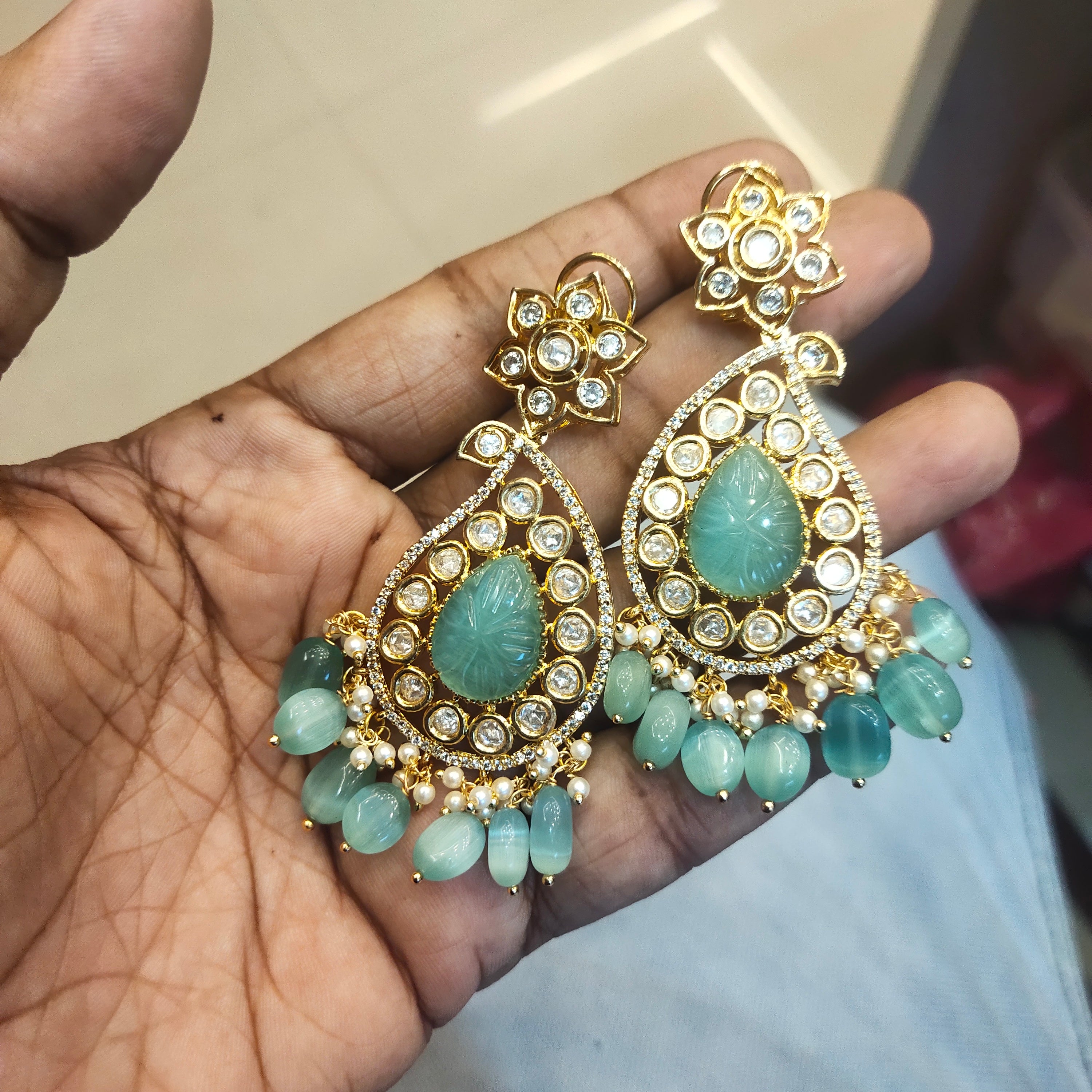 Pastel Green Kundan Mango Necklace - Traditional Indian Jewelry Set