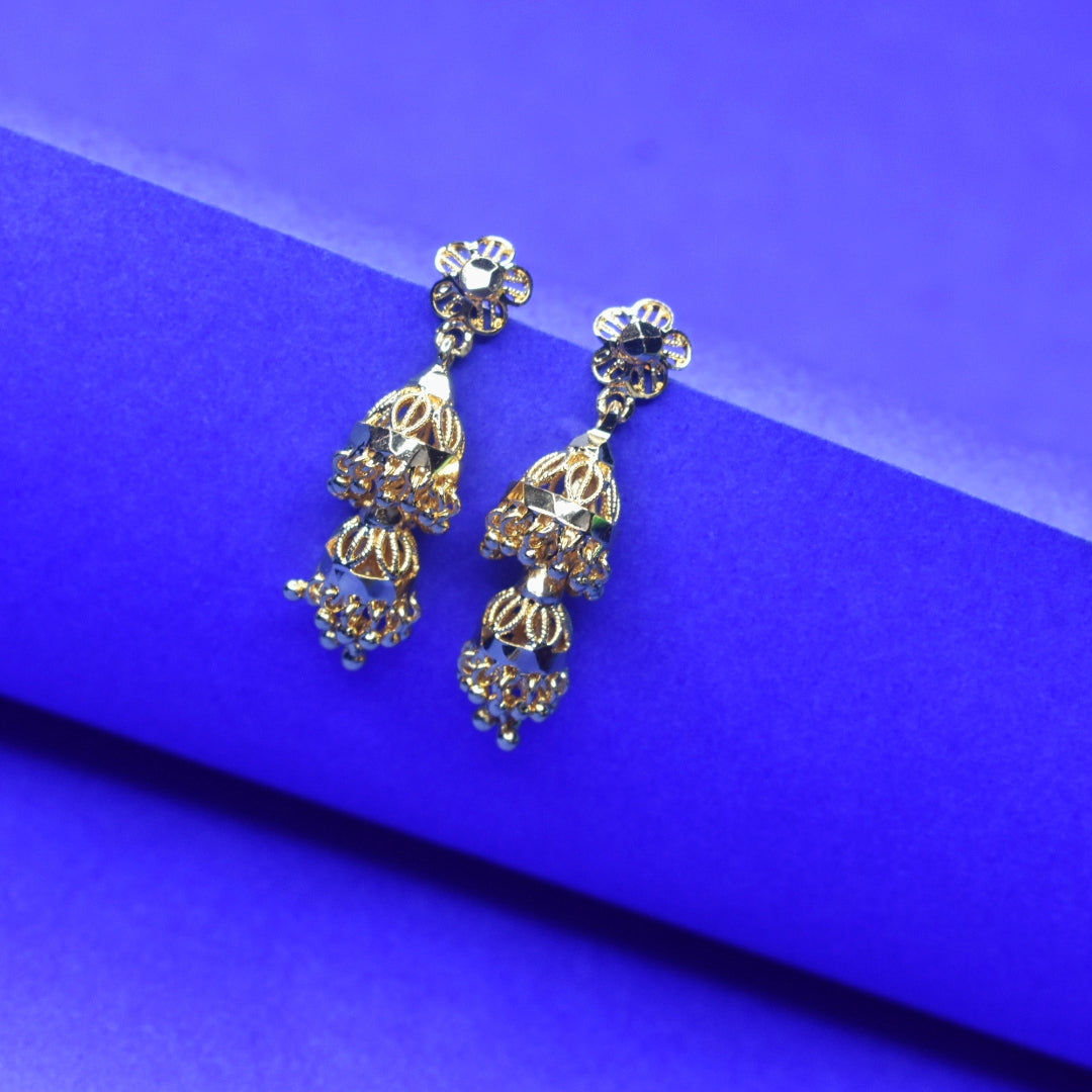 24K Gold Plated Double Step Jhumka Earrings - 3cm Madrasi Screw Design