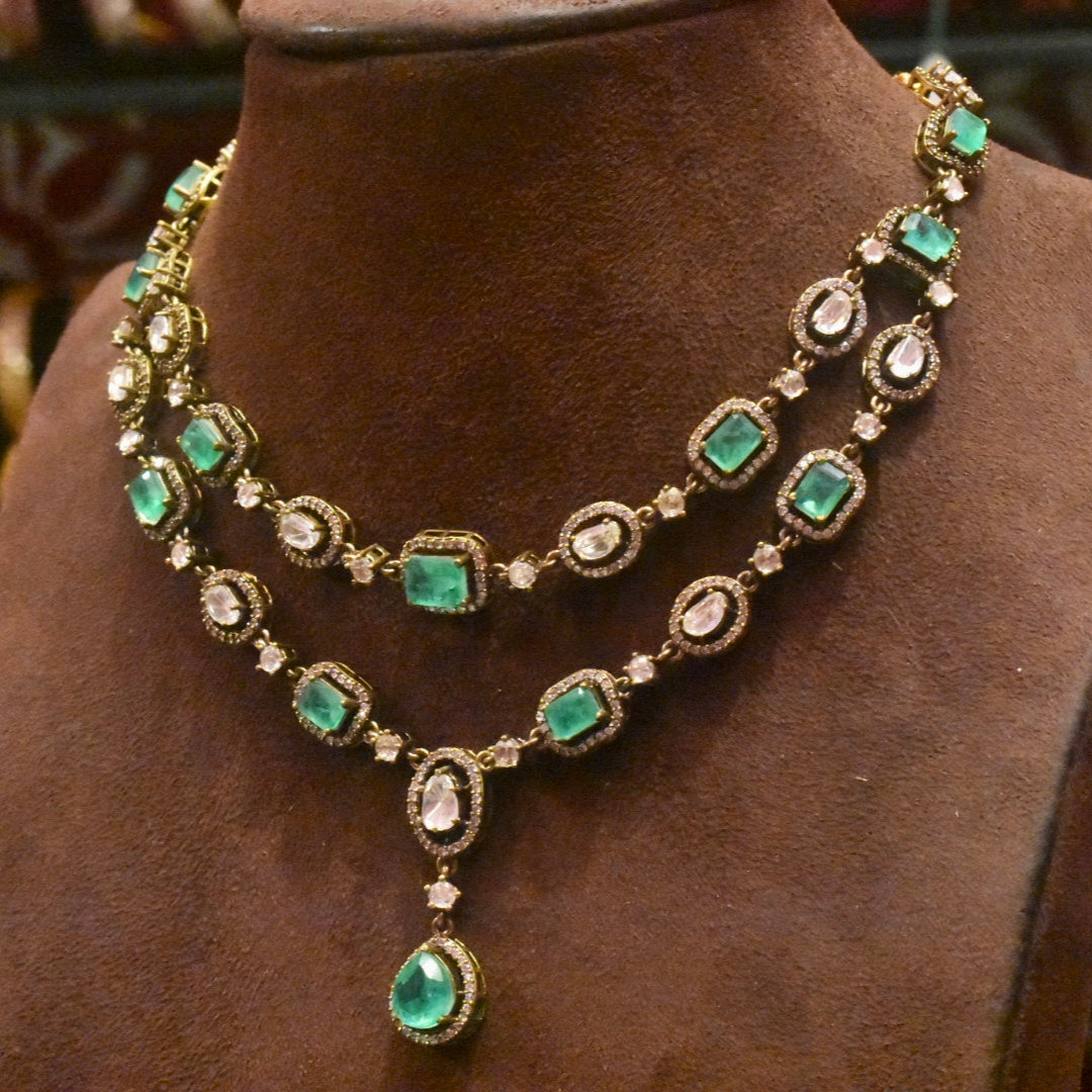 Asp  Victorian Green Emeralds Polki Kundan Necklace Set