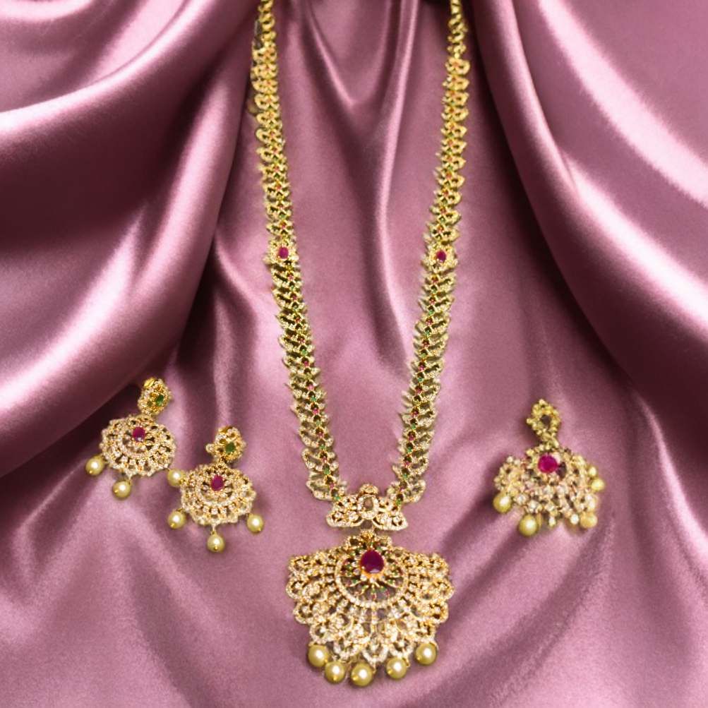 CZ Gold Plated Long Necklace Set - Timeless Elegant Bridal Jewelry
