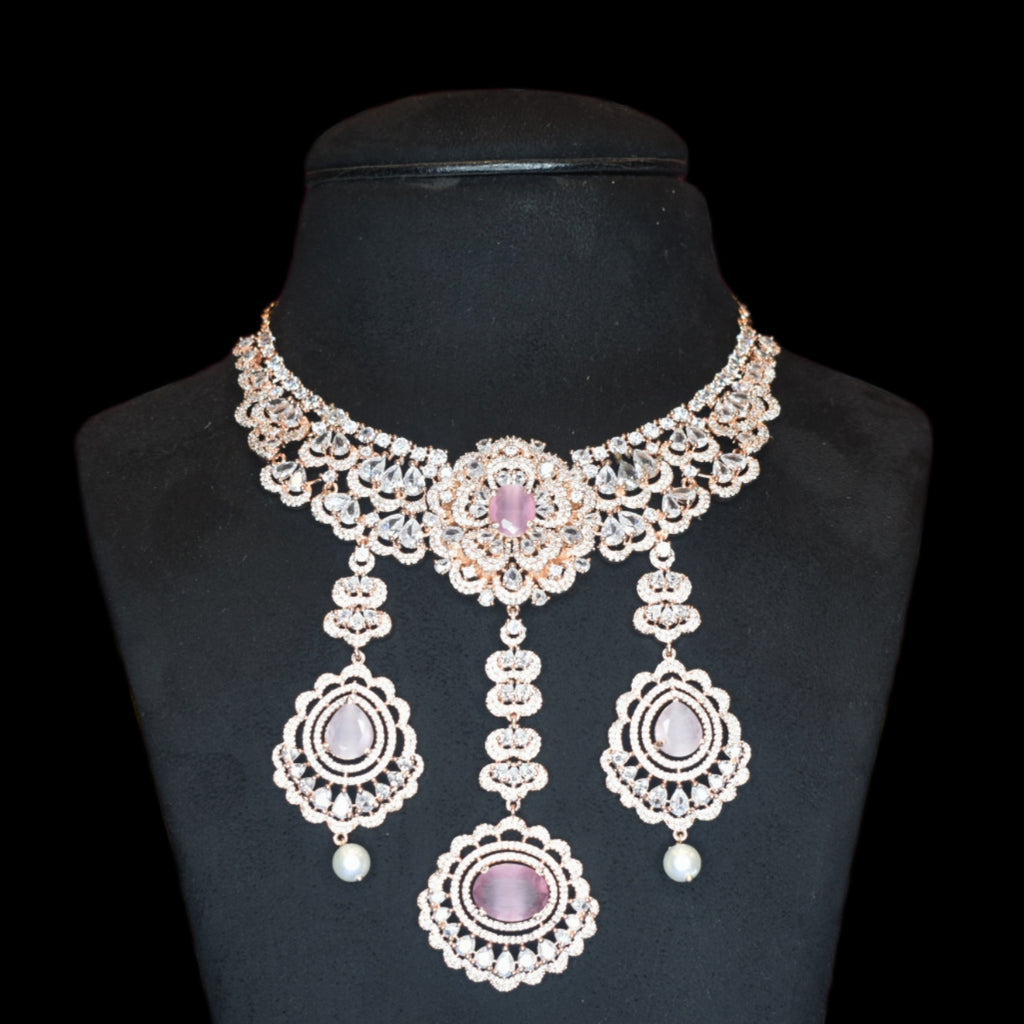 Regal Rose Gold American Diamond Necklace Set with Pearls - Bridal Choker