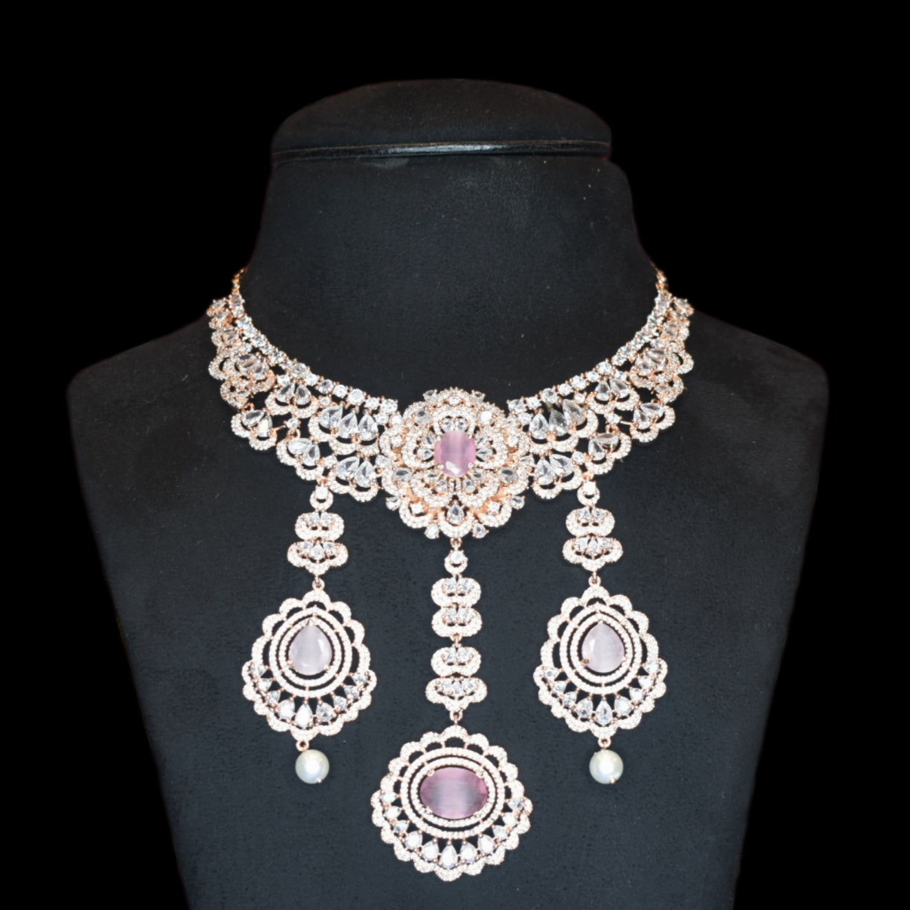 Regal Rose Gold American Diamond Necklace Set with Pearls - Bridal Choker