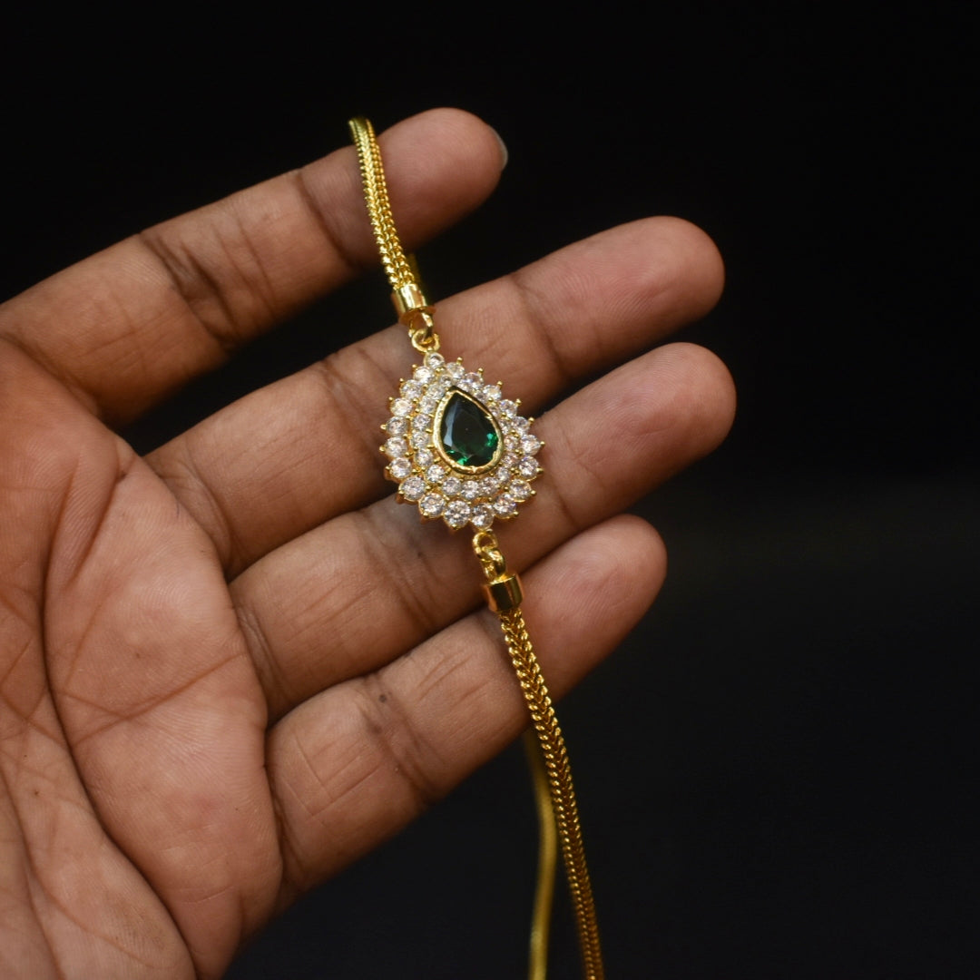 925 Sterling Silver 24K Gold Plated Thali Bottu Mangalsutra Chain with Green Zircon Side Brooch - 24 Inches