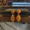 Gold Plated Ornate Floral Stud Jhumka Earrings with Layered Bead Cluster Drop | Bridal Jewelry