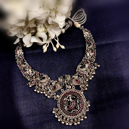 "Sparkling Elegance: The Oxidized Jermon Silver Peacock Necklace by ASP Fashion Jewellery"
