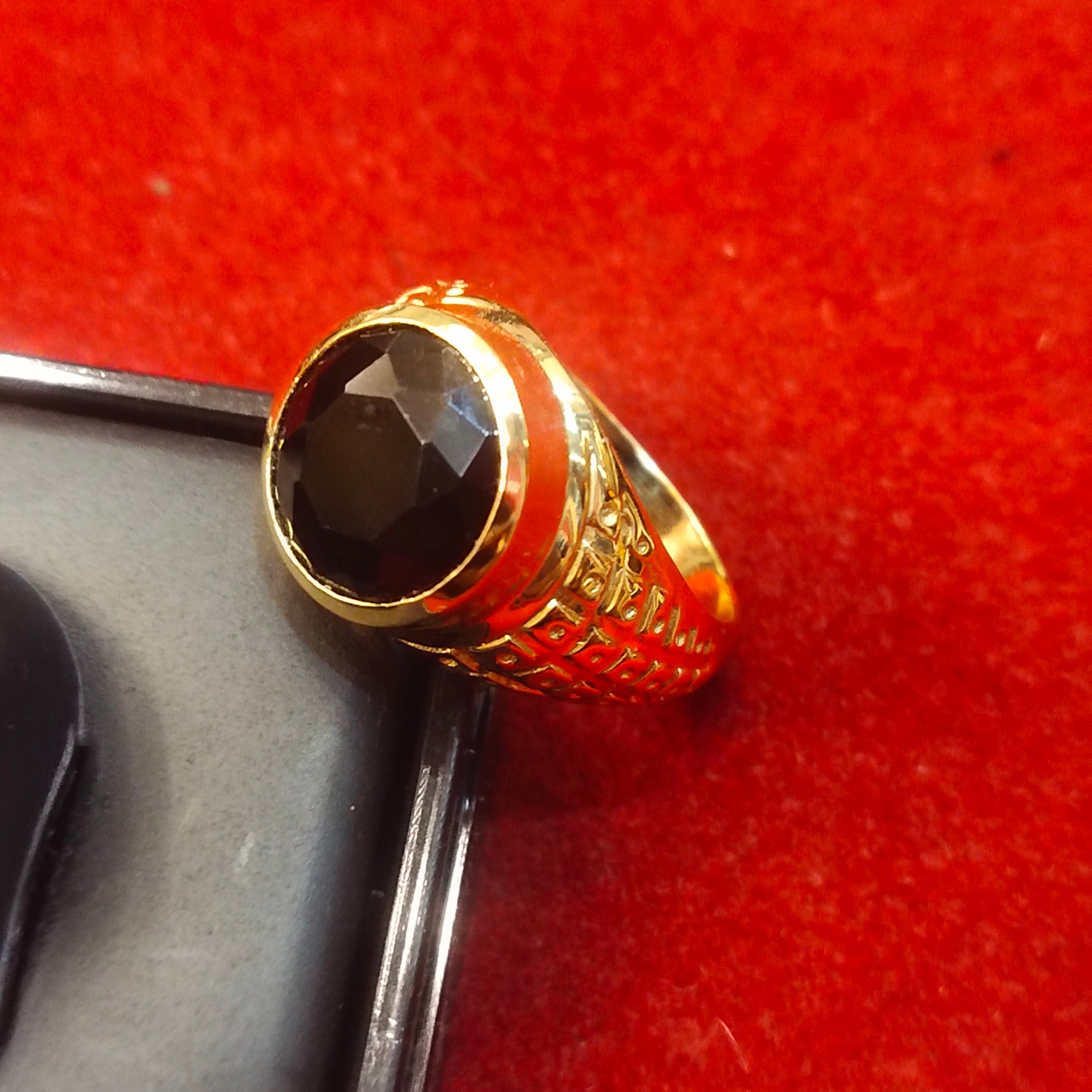 Gold Black Stone Ring | Ornate Carved Band