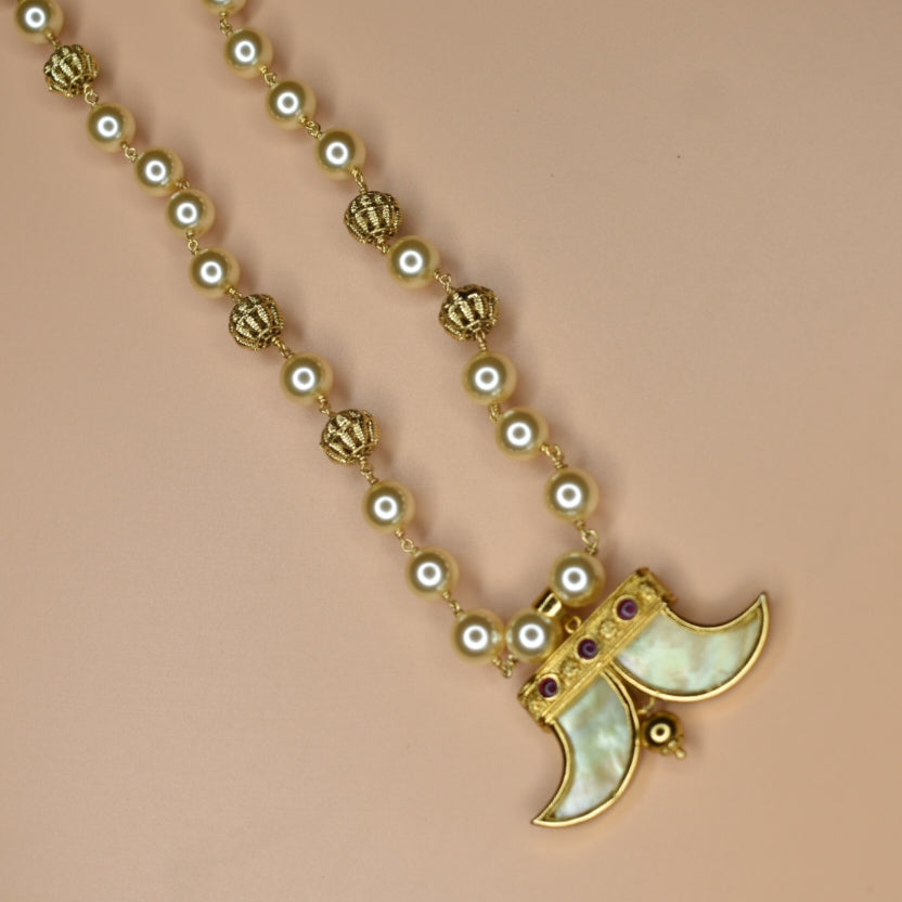 Enchanting CZ Puligoru Locket with Pearl Chain for Kids - 24K Gold 20 Inches 35g