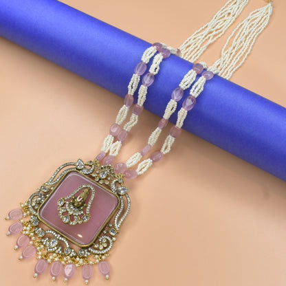 "Vintage Elegance: Pink Victorian Balaji Pendant Set with Beads Necklace & Earrings"