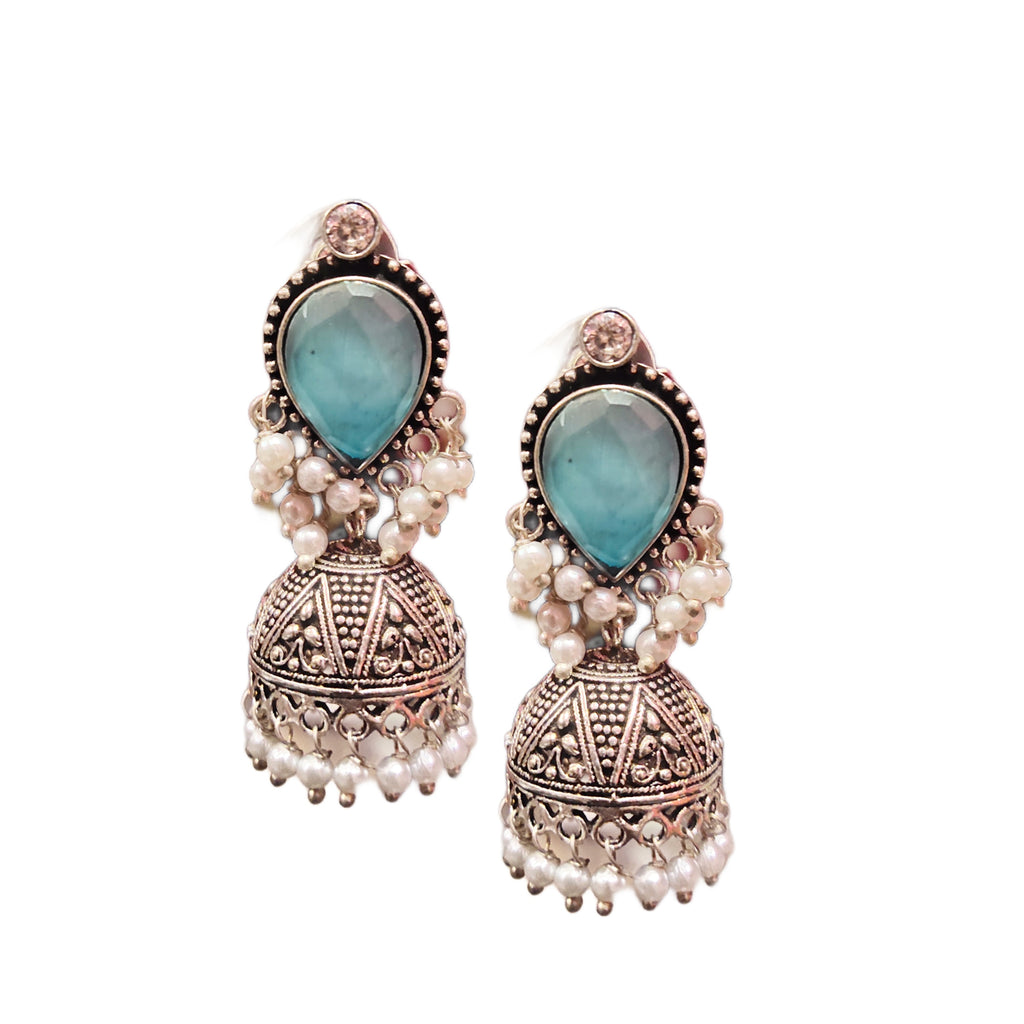 Oxidized Silver Jhumka Earrings with Pink Accents - Traditional Indian Jewelry