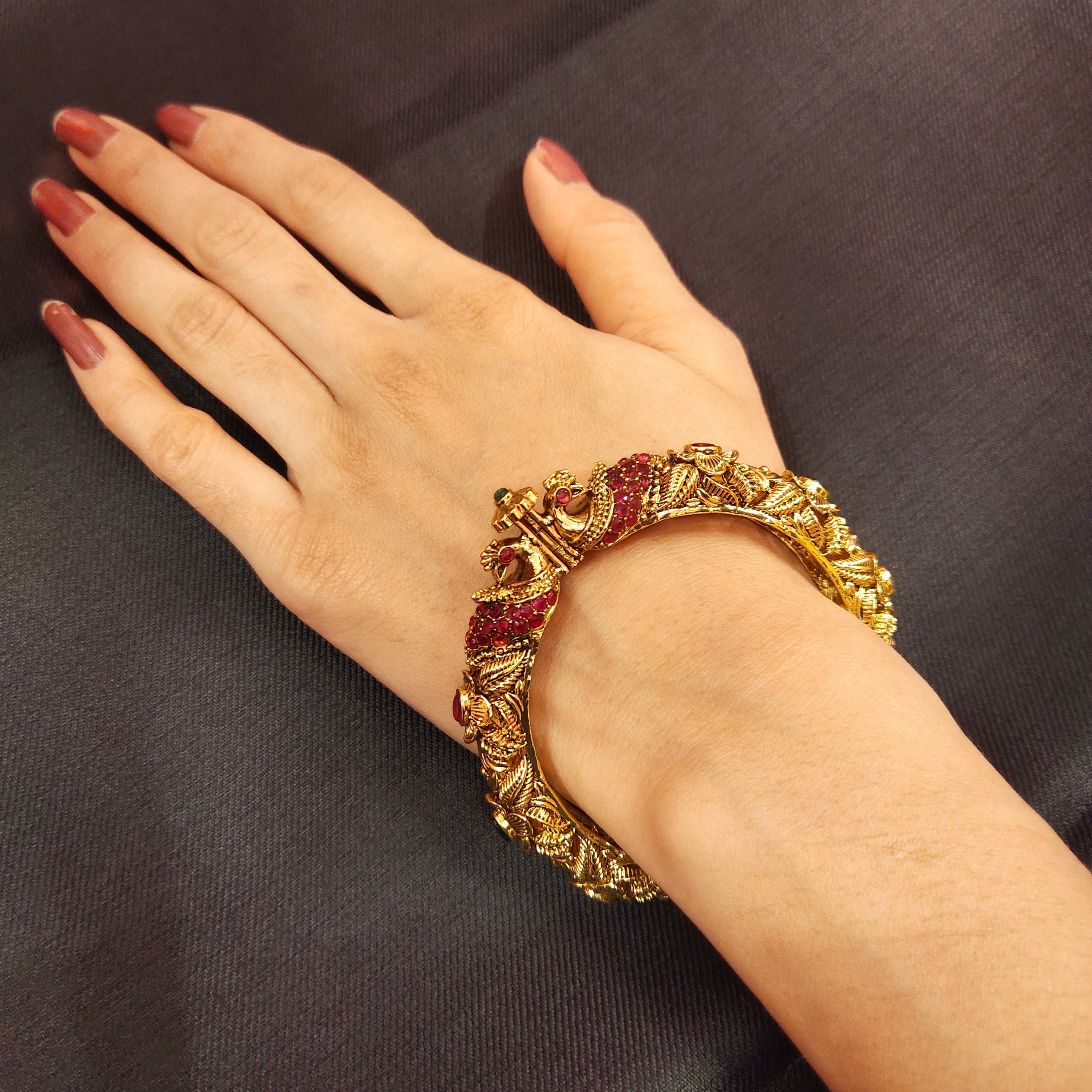 Antique Peacock Kanknalu Bangles - Nakashi Work Gold Plated Openable Bangles for Women