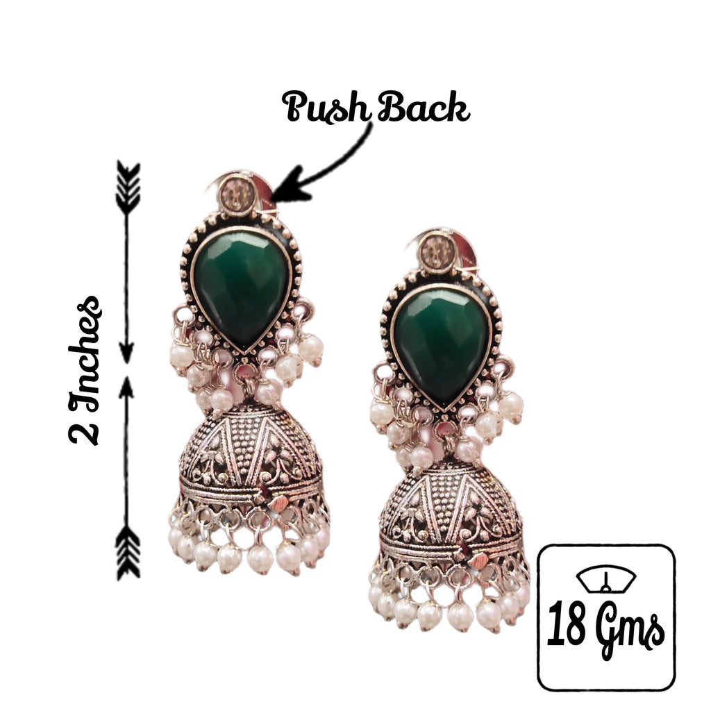 Traditional Oxidized Silver Jhumka Earrings - Pink Stone Embellished