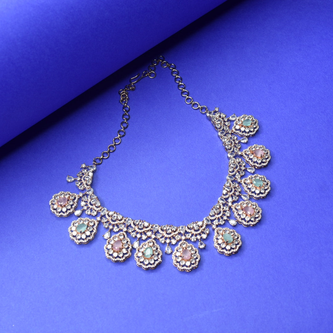 Rose Gold Plated CZ Necklace Set with Jhumka Earrings - Zircon Jewelry