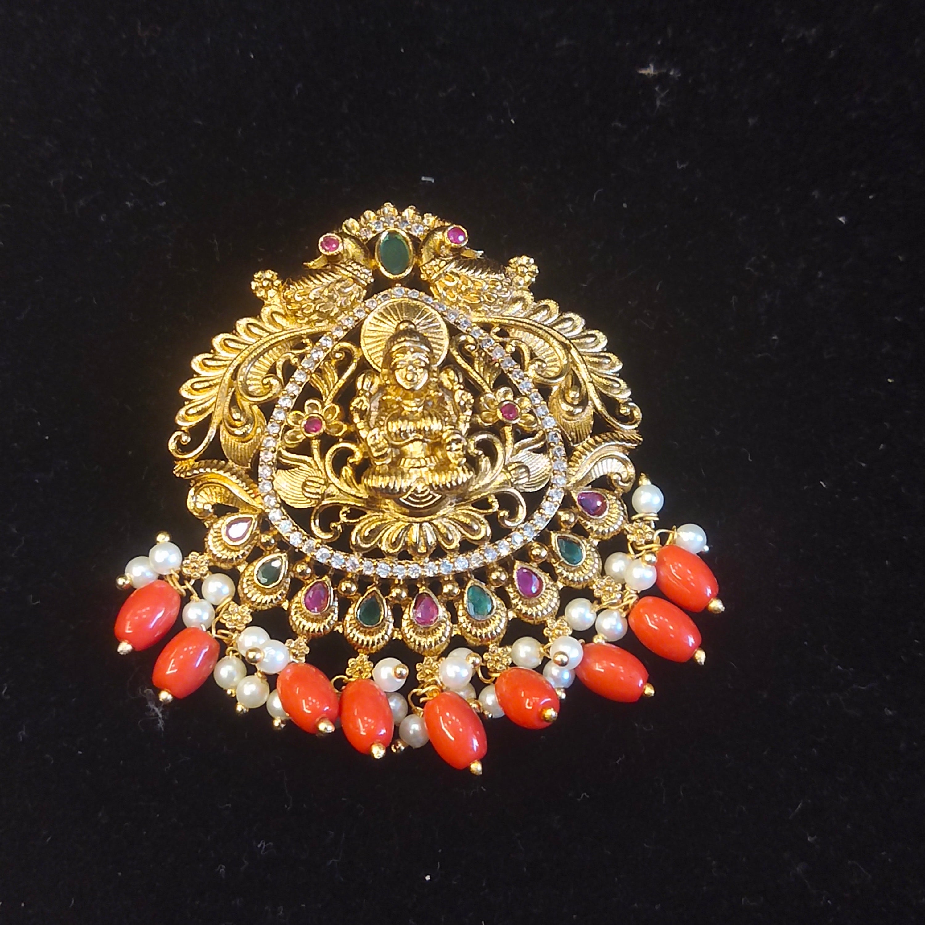 Lakshmi Temple Pendant with Coral Beads & Pearls