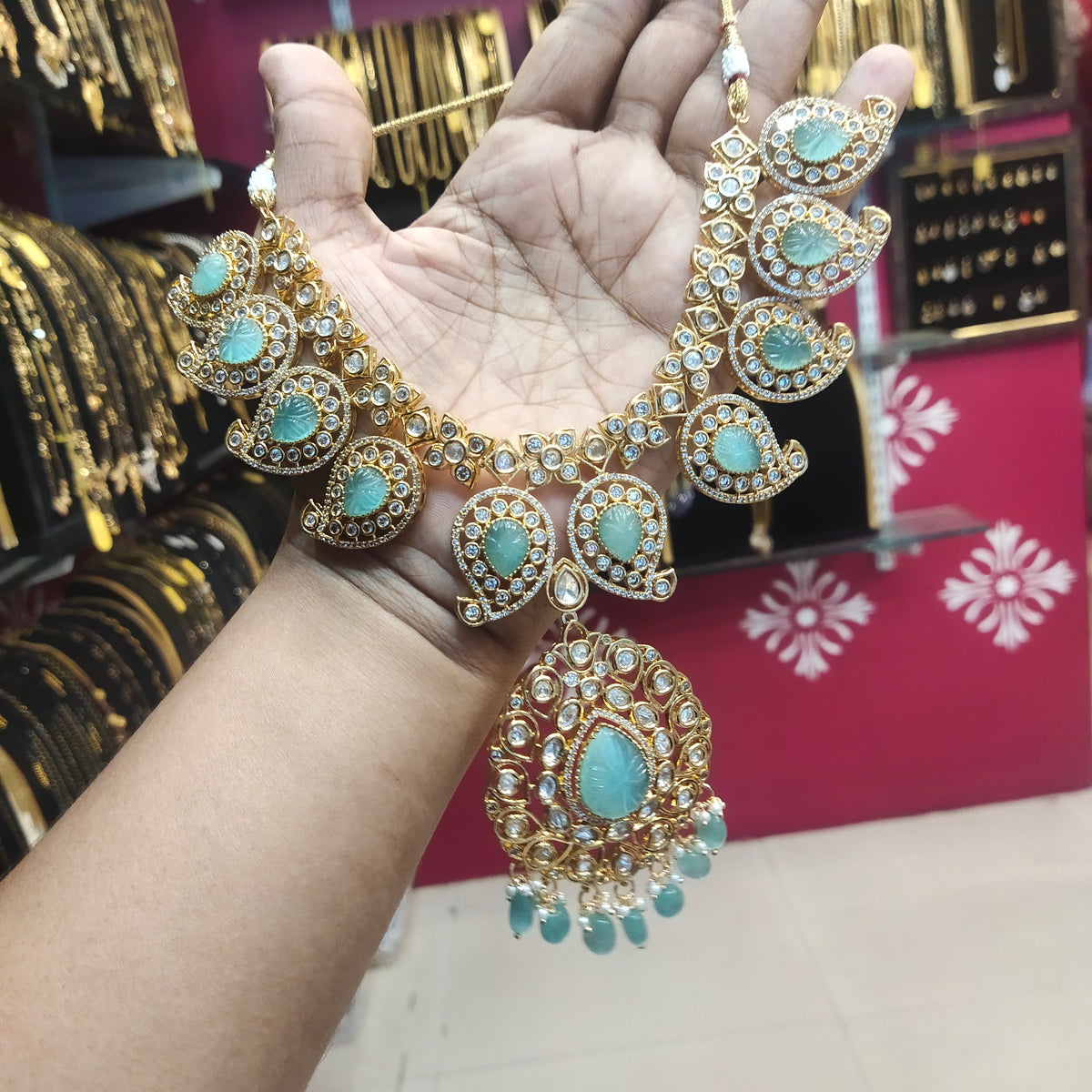 Pastel Green Kundan Mango Necklace - Traditional Indian Jewelry Set