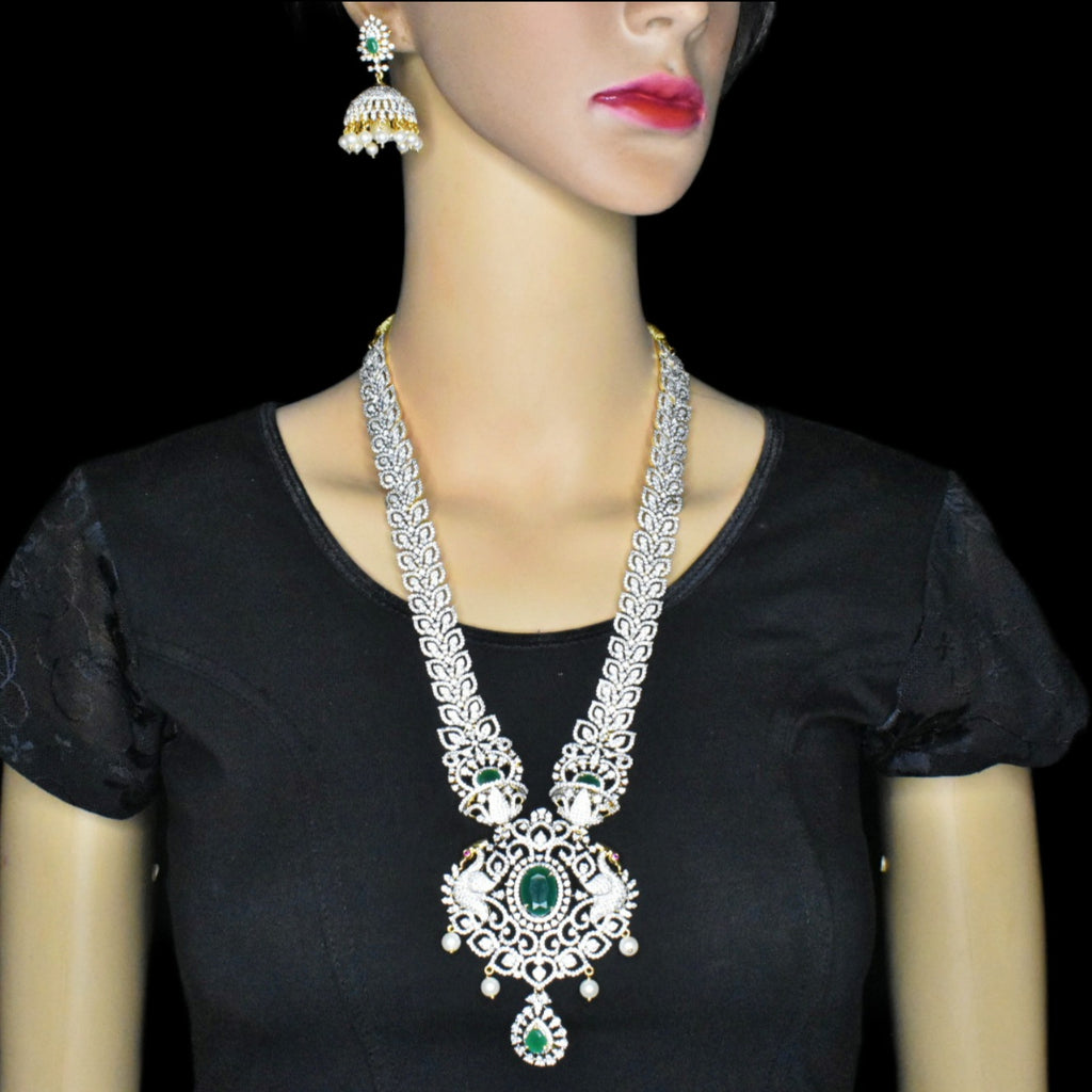 Bridal Diamond Haram - Emerald CZ Pearls Long Necklace Set