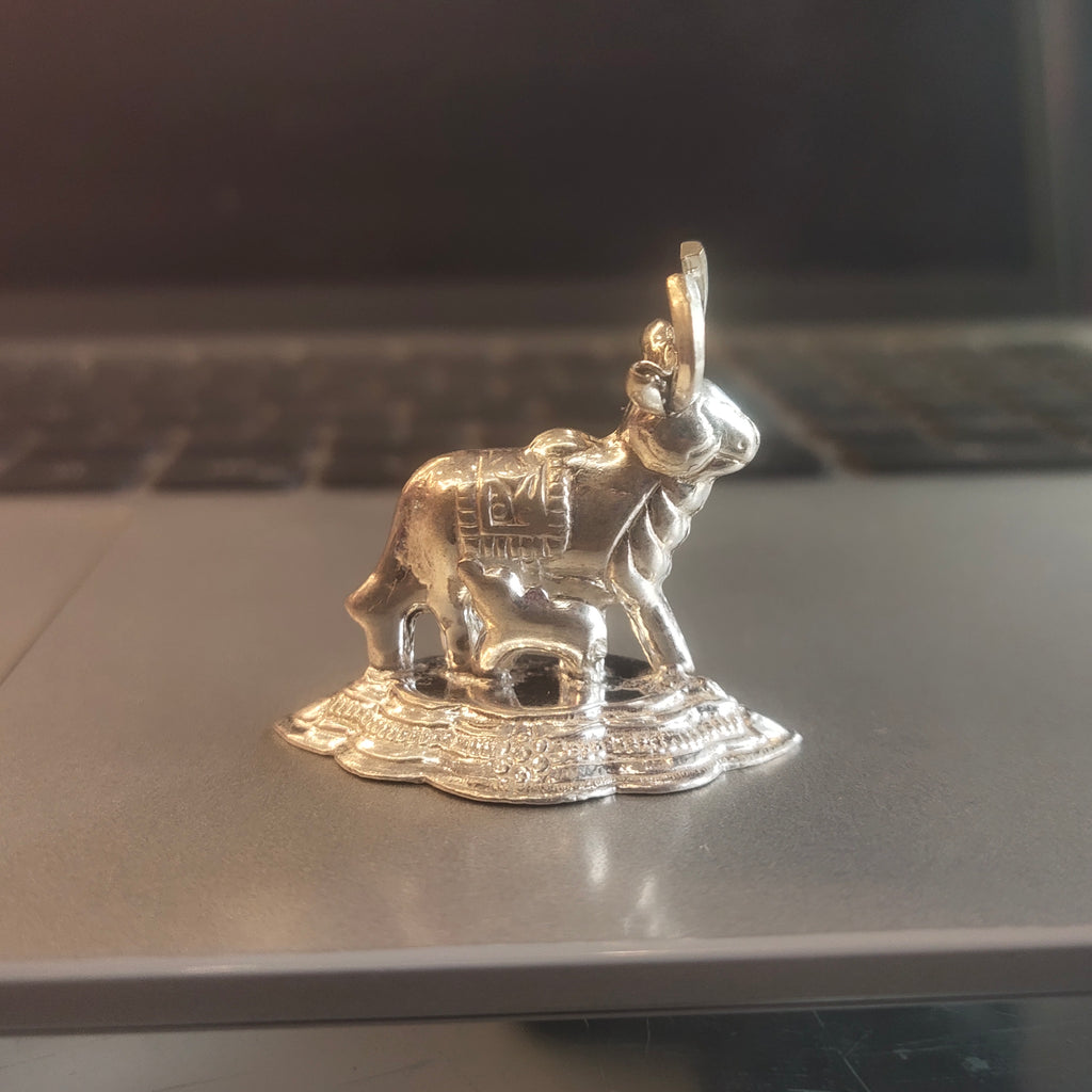 Silver Kamdhenu Cow with Calf Figurine on Cloud Base