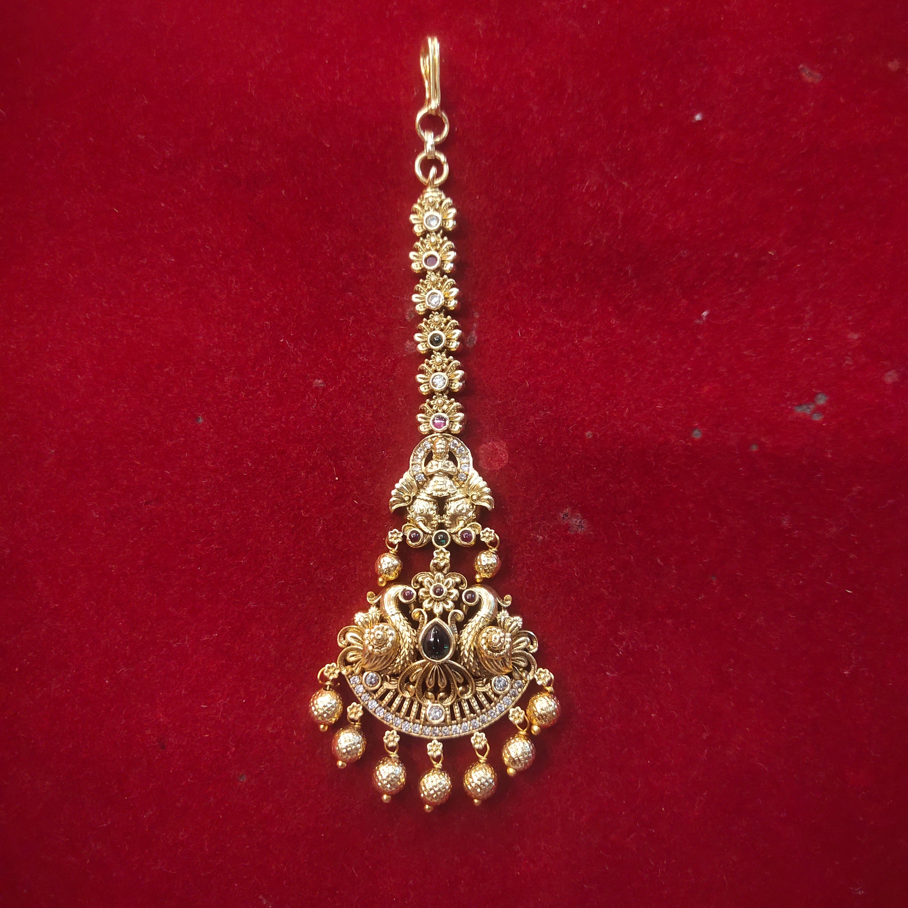 Antique Gold Peacock Deity Maang Tikka with CZ Stones & Gold Balls