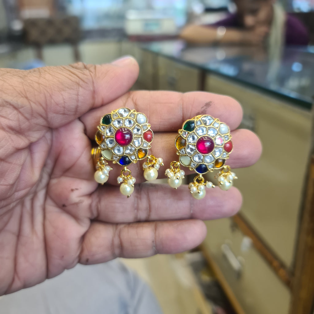 Navratna Jadau Kundan Stud Earrings - Multicolour Gemstone with Pearl Drops