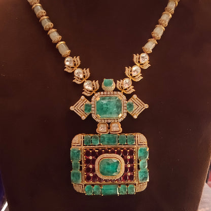 "Enchanting Elegance: Moissanite Polki Pendant Set with Green Cabochon Stones and Emerald Beads Necklace"