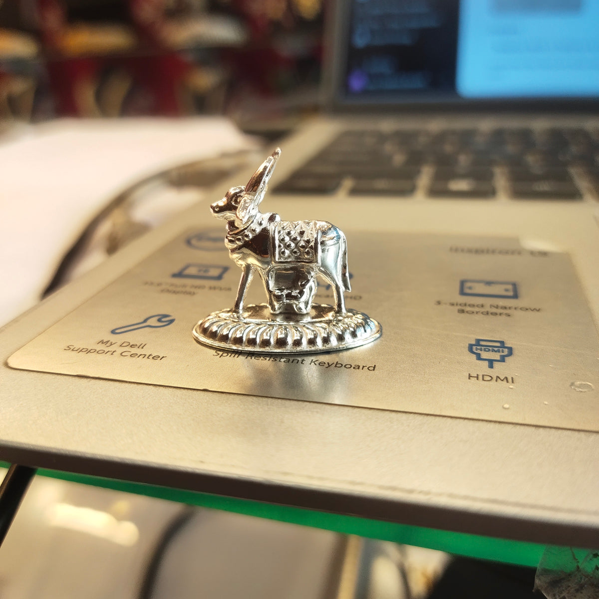 Silver Cow and Calf Idol on Decorative Base